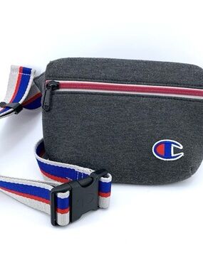 Champion Charcoal Belt Bag with Red-Accent Zipper and Tricolor Strap
